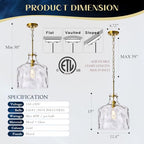 12" Farmhouse Pendant Light, Hand-Blown Clear Hammered Glass Hanging Light Fixture with Brass Gold Finish, Adjustable Chain Ceiling Light for Kitchen Island, Dining Room, Hallway, E26 Socket - color: Chain Gold