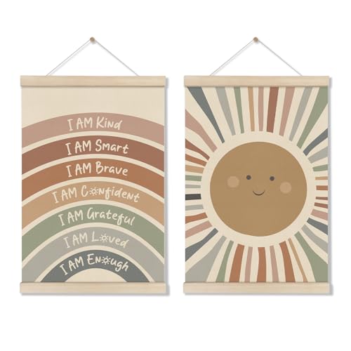 Positive Affirmations Posters, I Am Kind Smart Brave Rainbow Sun Wall Decor, Motivational Inspirational Wall Art for Mental Health Office Playroom Nursery Bedroom, 2pc Hanger Frame, 16X12 Inch - color: Off-White012