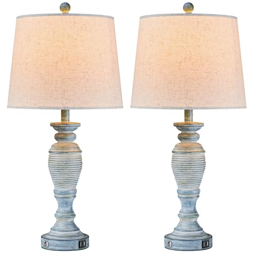 Blue Lamps Set of 2, 27.7" Table Lamps for Living Room with USB A+C Ports, Touch Lamp for Bedroom, 2 Bulbs Included - color: Teal-1