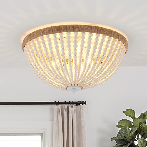 Dia 14.96" Boho Flush Mount Light Fixture Wood Bead, Farmhouse Chandelier, Antique Rustic Ceiling Light Fixture for Kitchen Hallway Entryway Laundry Bedroom Nursery Passway