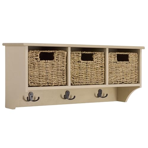 SAFAVIEH Home Collection - Finley Sand Wall Mounted 3-Basket Storage Rack with Hooks & Seagrass Baskets (HAC5700E) - color: Sand