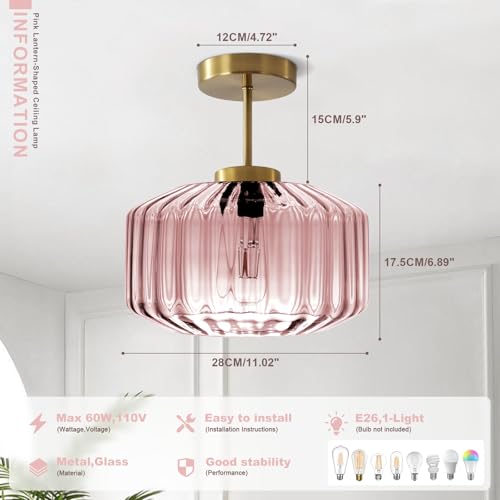 Modern Semi-Flush Mount Light Fixture Blush Pink Ceiling Lamp with Brushed Gold Base, Bedroom Light Fixture for Girls Bedroom, Nursery, Master Suite Hallway - color: Pink, 1-Light