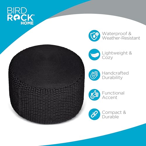 BIRDROCK HOME Outdoor Pouf Ottoman | Hand Woven Waterproof Foot Stool with Bead Bag Filling | Boho Foot Rest for Patio, Living Room, Porch & Outdoor Seating | Lightweight, Soft Stuffed Chair | Black - color: Black