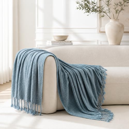 BATTILO HOME Dusty Blue Chenille Throw Blanket for Couch, Soft Cozy Textured Knit Throw Blanket with Handmade Fringe Tassels, Lightweight Decorative Farmhouse Blanket for Sofa Bed Chair, 50"x60" - color: Dusty Blue