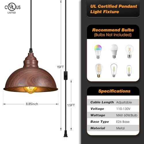 Plug in Pendant Light, 15FT Hanging Lights, On/Off Switch, Industrial Pendant Light with Plug in Cord, Metal Hanging Lamps for Living Room, Kitchen, Dining Room Brown - color: Brown