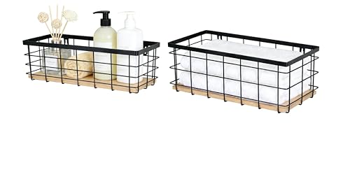 ShabbyDecor Metal Wire Basket Detachable Wood Base Storage Organizer Farmhouse Hanging Basket for Kitchen Cabinets, Bathroom, Pantry, Laundry Room Set of 2,Black Color - color: Black, size: Medium&Large