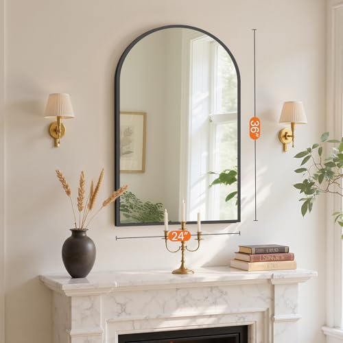 Sweetcrispy 24"x36" Arched Black Bathroom Mirrors for Wall | Bathroom Mirrors for Over Sink, Metal Framed with HD Shatter-Proof Glass for Entryway, Bedroom, Home Decor - color: Black, size: 36"L x 24"W