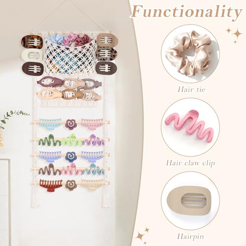 SNOWSTAR Macrame Hair Claw Clip Organizer,Large Capacity Mesh Bag Scrunchies Holder and Hair Ties Organizer for Women Girls,Hair Accessorie Hanging Storage Home Decor Wall,Door - color: White