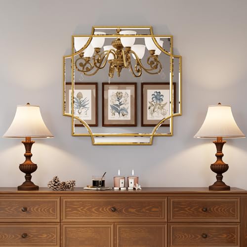 Kelly Miller Gold Framed Mirror for Wall, 26"x26" Gold Square Vanity Mirror Decorative Mirror Beveled Wall Decor for Bathroom Powder Room Living Room Bedroom Bedside Table Entryway Hallway - size: 26"L x 26"W