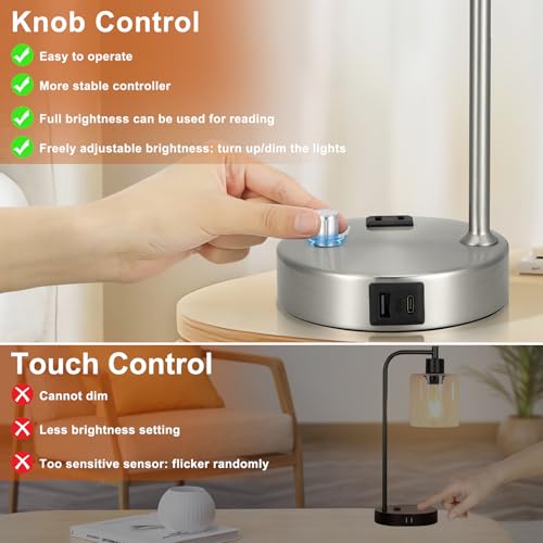 Industrial Table Lamps for Bedrooms Set of 2 - Fully Dimmable Bedside Lamps with USB A and C Ports and Outlet, Nickel Nightstand Lamps with Glass Shade for Living Room, Desk Lamps for Office Reading - color: Brushed Nickel