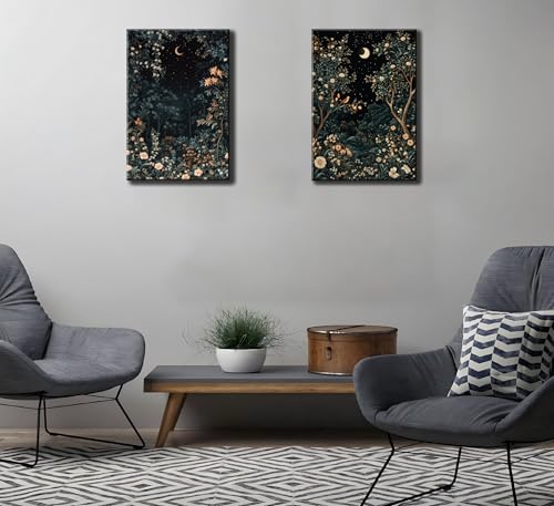 2Psc Vintage Dark Moon Botanical Framed Canvas Wall Art Dark Flower Painting Picture Wall Decor William Morris Night Fores Poster Print Artwork for Bedroom Living Home Decoration16x24 Inch - color: YUELIANGHUAHUI, size: 24"L x 16"W