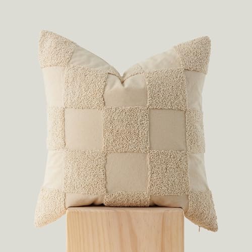 Double Stitch 100% Cotton Throw Pillow Covers - Checkered Tufted Boho Decorative Pillow Covers 18x18, Made in India, Square Cushion Case, Modern Home Decor for Couch, Sofa, Living Room, Oat - color: Oat, size: 18" x 18" (Pack of 1)