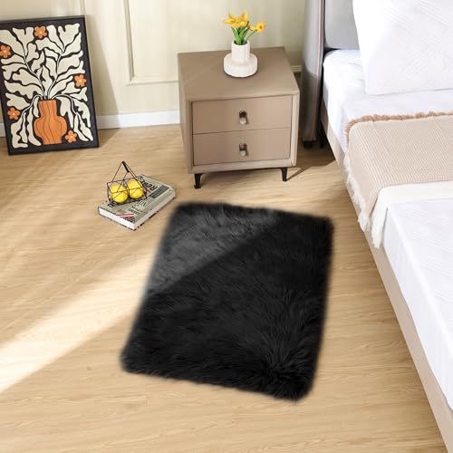ORINOVA Black Faux Sheepskin Washable Fluffy Fur Area Rugs for Bedroom Small Fuzzy Carpet for Living Room 2x3 Boho Nursery Rug - color: Black, size: 2' x 3' (Rectangular)