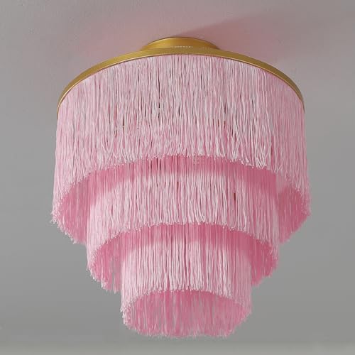 3-Tiered Pink Chandelier,3 Lights Boho Fringe Pendant Light Fixture,Tassle Chandelier for entryway,Dining Room,Baby Nursery,Gold and Pink - color: 3-Tiered-Pink