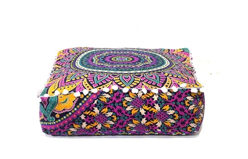INDIAN CRAFT CASTLE Floor Pillows & Cushion Covers Decorative Hippie Mandala Pouf Pillow Covers Seating Meditation Cushion Cover Large Boho Ottoman Case Pillowcase Couch New Pink, 16" Square - color: New Pink, size: 16"D x 16"W x 5"H