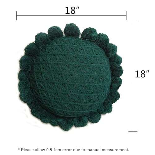 Acrylic Knitted Round Throw Pillow Knitting Bohemian Circular Cushion Pillow with Knit Handmade Pompoms Decorative Dark Green, Diameter 18inches - color: Dark Green
