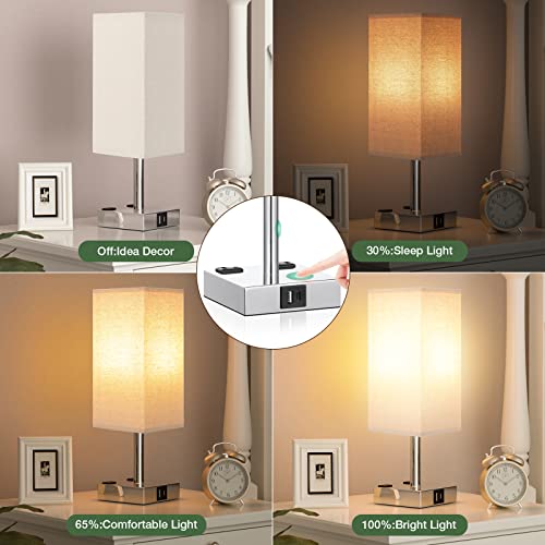 aooshine Beige Set of 2 Touch Lamp with USB Port-Nightstand Lamp with USB-C+A Charge Ports& AC Outlets, 3-Way Dimmable Bedside Lamp with Shade,Small Table Lamp for Bedroom Living Room(Bulb Included) - color: Beige-Silver