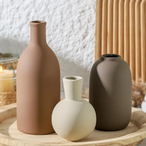 Ceramic Vases Set of 3, Modern Neutral Rustic Farmhouse Home Decor Pottery Pampas Decoration for Living Room, Table, Bathroom, Bedroom, Entryway - Brown - color: 006-brown