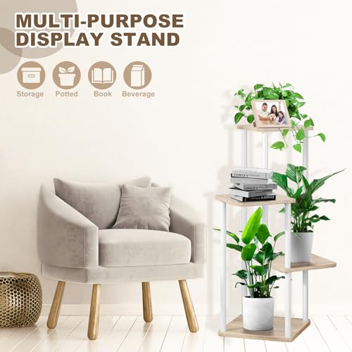 4 Tier Plant Stand Indoor, Thickened Metal Wood Corner Plant Shelf Stands for Multiple Plants, Indoor Tall Plants Stand Tiered Flower Holder for Living Room Patio Garden Balcony(White+Oak) - color: White+Oak, size: 4 Tier
