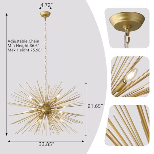 Modern 33.8in Gold Sputnik Chandeliers 12-Light Mid-Century Starburst Chandelier Light Fixture Solid Metal Satellite Large Chandelier for High Ceiling Dining Room Living Room Foyer E12 - color: Golden 33.85" 12-Light