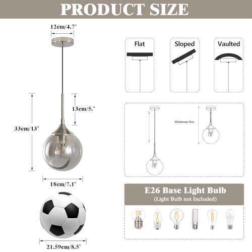 KCO Lighting 7.1” Smoked Glass Pendant Light Single Pendant Light Brushed Nickel Dining Room Light Fixtures Globe Hanging Light Fixture - color: Silver+Smoke Grey