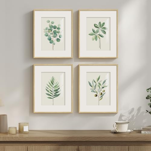 Framed Sage Green Botanical Wall for Kitchen, 4 Piece Minimalist Modern Farmhouse Plant Artwork for Walls, Boho Green Leaf Picture Prints for Kitchen Bathroom Bedroom Living Room Decor, 8x10 Inch - color: Green and White, size: 8" W x 10" H x 4pcs