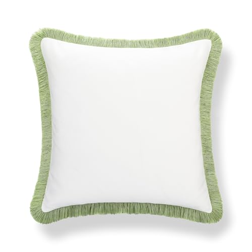Hofdeco Premium Grandmillennial Coastal Hampton Patio Indoor Outdoor Throw Pillow Cover Only, 22"x22" Water Repellent for Backyard, Couch, Poolside, White Grass Green Solid - color: White Grass Green Solid 22"x22"