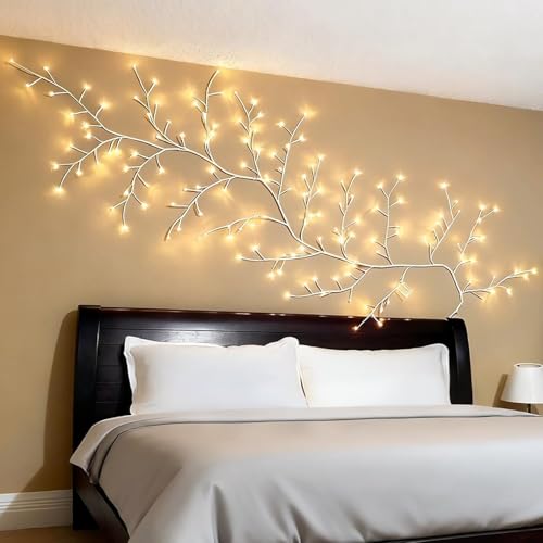 Lighted Willow Vine for Bedroom: 144 LED Lights Brown Tree Branches with Warm White Flexible Artificial Indoor Decorative Light for Living Room Wall Aesthetic Cottagecore - color: 144 LED lights, white vine, without remote control