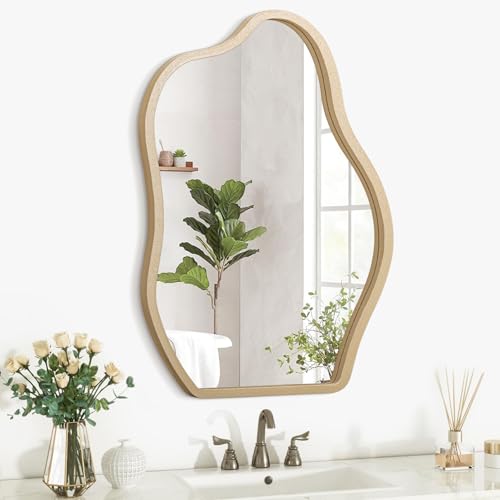 Irregular Mirror for Wall Gold Modern Asymmetrical Large Mirror Wooden Framed Hanging Wall Mirror Unique Shape Vanity Cloud Mirror Decor Decorative for Bedroom Bathroom Living Room Entryway - color: Bling Gold, size: 26"L x 18"W