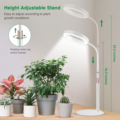 Aumtrly Grow Lights for Indoor Plants, 80 LED Full Spectrum Desk Plant Light for Growing Small Plant, Height Adjustable 24.5" Halo Grow Lamp with Base, 6/12/16H Timer, 3 Light Modes, 5 Dimming - size: 1 head 24.5inch/white
