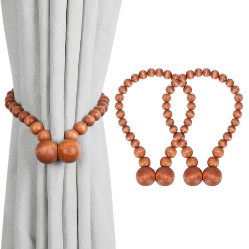 KLOGTSIND Magnetic Curtain Tiebacks, Curtain Tie Backs for Curtains 2 Pack, Wood Bead Curtain Tiebacks, Curtain Holders for Boho Bedroom Decor, Baby Nursery Decor, Farmhouse Decor - color: Brown