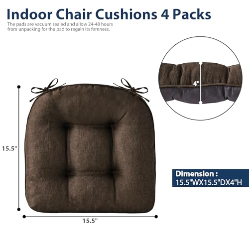 IASEAHK Chair Cushions for Dining Chairs, Seat Cushions for Kitchen Chairs, Indoor Seat Cushions with Ties, Tufted Foam Chair Pads, Non Slip Chair Cushions Set of 4, 15.5" x 15.5" x 4", Brown - color: Brown, size: Pack of 4