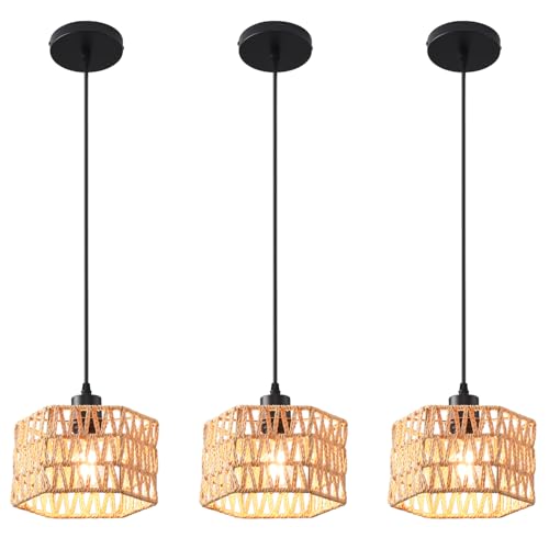 Woven Pendant Light Boho Chandelier, Rattan Pendant Lights Kitchen Island, Farmhouse Pendant Lighting with Hand Woven Wicker Shade, Boho Chandelier Light Fixtures Ceiling Hanging Light - color: Hexagon 3 Packs