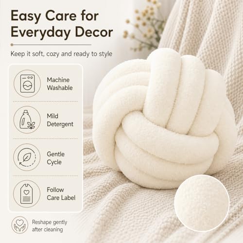 Petrella Ivory White Knot Pillow Ball, Handmade Soft Round Throw Pillow for Chair, Couch and Cozy Room Decor, Small Decorative Pillows, Lambswool Knotted Accent Cushion, 8 Inch - color: White, size: 8inch