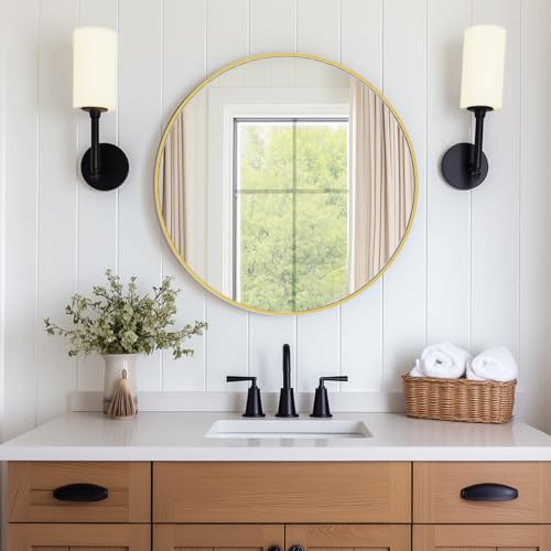 NEWBULIG 24IN Round Bathroom Wall Mirror, Modern Vanity Mirrors for Over Sink, HD Glass Decorative for Entryway, Bedroom & Living Room, Anti-Rust, Tempered Glass, Hanging or Leaning, Gold - color: Gold, size: 24"L x 24"W