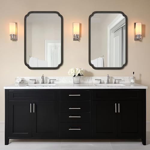WallBeyond 24" x 36" Rounded Corner Arch Wall Mirror with Wood Frame for Entryway, Living Room or Bedroom Home Decor - Light Woodgrain [24" x 36" Black] - color: Black a, size: 36"L x 24"W