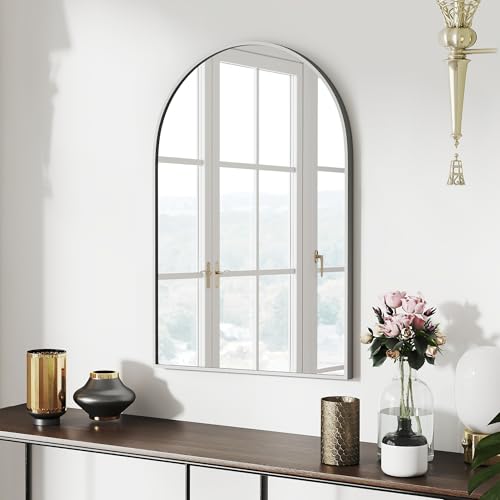 SCWF-GZ 30x20 Arch Mirror Rectangle Wall Mounted Hanging or Against Wall Aluminum Alloy Metal Frame Dressing Make-up Mirrors for Entryway Bedroom Bathroom Living Room 30 20 inch Silver - color: Silver, size: 30"L x 20"W
