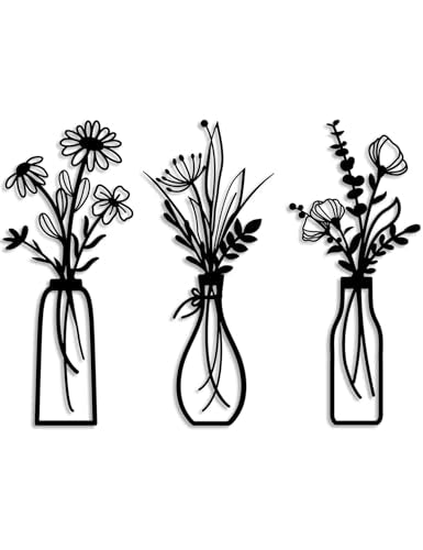 Conmetal 3 Pieces Metal Flowers Wall Arts - Rustic Farmhouse Decor Beige Minimalist Flower Wall Decors for Living room Bathroom Bedroom Dining Room-Housewarming Gifts (Beige, Vase-C) (A)
