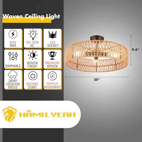 Hamilyeah 20 inch Boho Flush Mount Ceiling Light Fixture, Rattan Ceiling Light Fixture with 4 Light,Woven Light Fixtures Ceiling Mount for Living Room, Bedroom, Kitchen - color: 20INCH Semi Ceiling Light