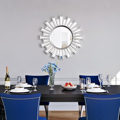 Round Mirrors for Wall Decor, 24" Sliver Sunburst Mirror,Starburst Mirror for Living Room,Hallway,Bedroom Fireplace - color: Sliver-02, size: 24"L x 24"W