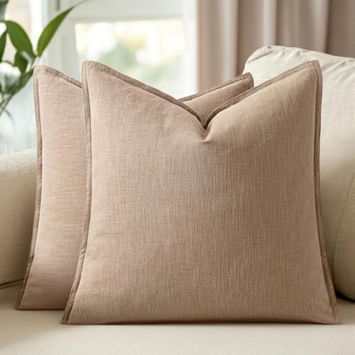 Decorative Linen Solid Throw Pillow Covers 20x20 Inch Set of 2 Camel Boho Accent Farmhouse Pillows Modern Neutral Home Decor for Couch Sofa Living Room Bed - color: Camel, size: 20" x 20" (Pack of 2)