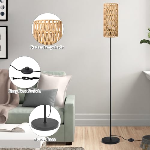 Ruiever Floor Lamp for Living Room,Farmhouse Rattan Floor lamp,Modern Standing lamp with Hand-Worked Rattan Shade,Black Tall Lamp with Foot Switch for Bedroom,Kids Room,Office,LED Bulb is Included. - style: Round Rattan Shade-3 Color Bulb