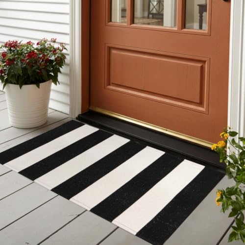LEEVAN Black and White Rug 2X3, Washable Black Door Mat Cotton Woven Front Porch Rugs, Layered Door Mats Outdoor Welcome Indoor Door Mats, Farmhouse Go Away Doormat Door Mat Indoor Entrance Rug - color: Black and White Stripes, size: 2' x 3' (Rectangular)