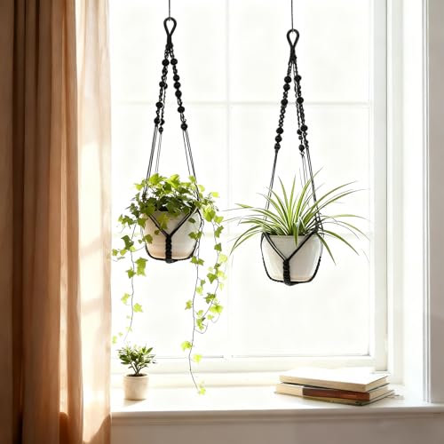 Macrame Plant Hanger, Up to 4-15 inch Pots, Wood Beads Cotton Hanging Planter Holder for Indoor Outdoor Boho Home Decor, 35 Inch, Set of 2 (Black) - color: Black
