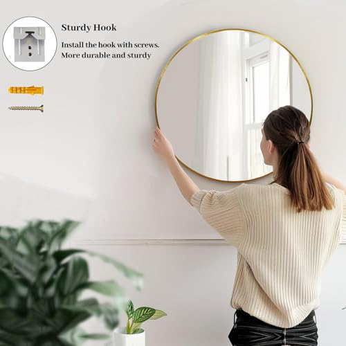 Sunniry Gold Round Mirror 16 inch, Small Round Mirror, Gold Circle Mirrors, Brushed Metal Frame Circle Mirrors for Bathroom, Bedroom, Vanity, Wall Decor. - color: Gold, size: 16"L x 16"W