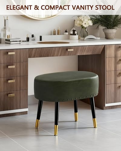 LITZFUR Vanity Stool Chair for Makeup, Pu Leather Oval Footrest, Vintage Rivet Ottoman Bench with Metal Legs, Dressing Stool for Batheroom, Living Room, Entryway, Green - color: Green