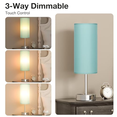 Dicoool Teal Touch Bedside Lamps for Bedroom - Small Coastal Nightstand Lamp with USB-C and USB A Charging Ports, 3 Way Dimmable Control Table Lamp for Office, Dorm with Fabric Shade Silver Base - color: Teal-Silver Metal, size: 14in