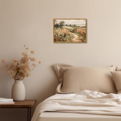 OIQArtOIQ Framed Canvas Wall Art,Vintage Decor,Landscape Nature Country Wildflower Paintings Farmhouse Pictures Modern Artwork Rustic Fall Flower Prints Cottagecore Office Living Room Bedroom Bathroom - color: Wildflower Path, size: 12x16 in