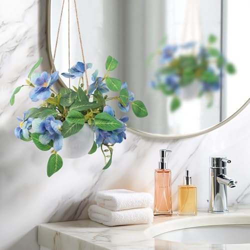 Artificial Hanging Flowers Fake Plants Basket Faux Daisy Bonsai Decor for Indoor Windowsill Porch Balcony Table Centerpieces - Blue - color: Blue