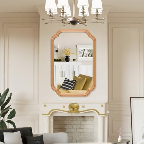 Ferytange Wood Mirror for Bathroom, 20" x 30" Rectangular Wall Mirror for Bathroom Vanity with Wooden Frame Farmhouse Rounded Corner Wall Mirror Decor (Horizontal/Vertical) - color: Natural Wood, size: 30"L x 20"W